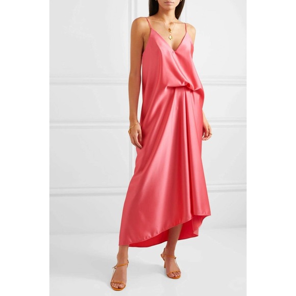 NEW Cedric Charlier Satin Pink Draped Midi Dress $520 US 12 IT 46 - Picture 1 of 11